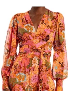 A.L.C. Floral Silk Wrap Crop Blouse - Pink and Orange